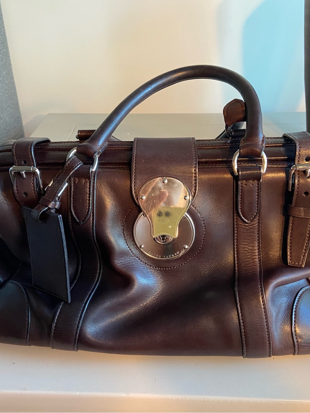 Ralph Lauren Chocolate Brown Leather Satchel with Polished logo Hardware
